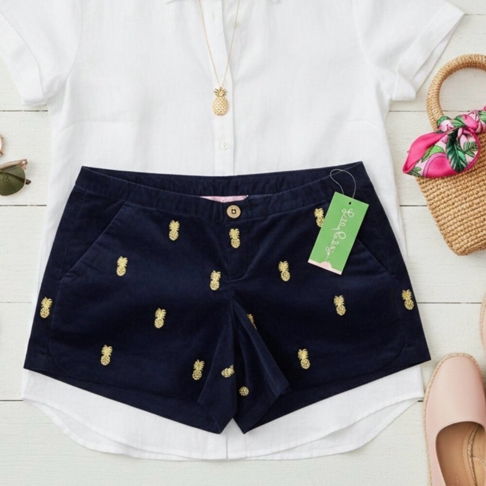 NWT Lilly Pulitzer Adie Shorts Pineapple Navy Velvet Gold Embroidered sz 8
